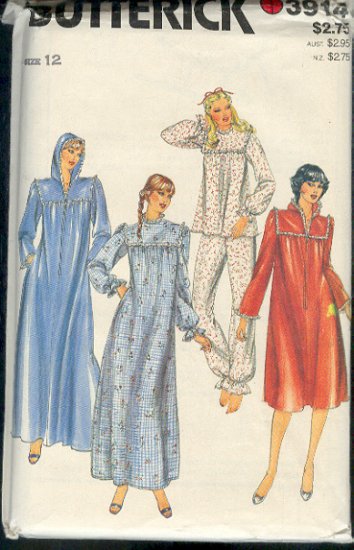 Butterick Sewing Pattern 3914 Robe with hood, gown, pajamas, Size 12