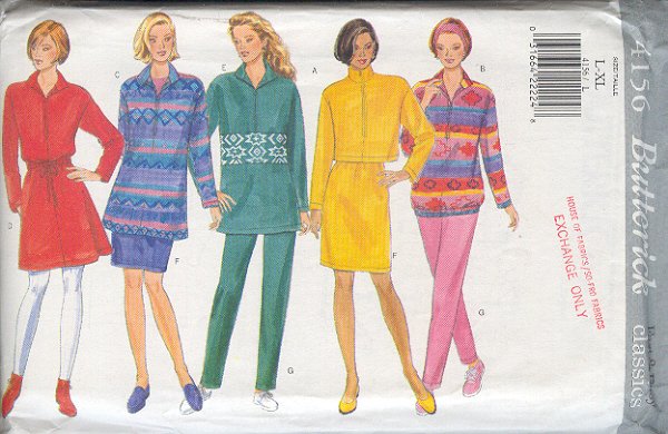 Butterick Sewing Pattern 4156 Pullover top with front zipper, 3 lengths, skirt and pant, Size 16-22