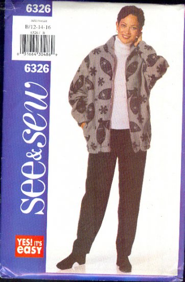 Butterick Sewing Pattern 6326 Zip Front Jacket and Pants, great for fleece Size 12- 16