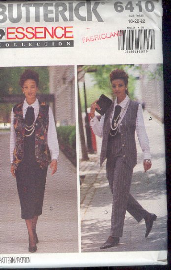 Butterick Sewing Pattern 6410 Vest, Pants, Skirt, Shirt and Jabot. Size 18 - 22
