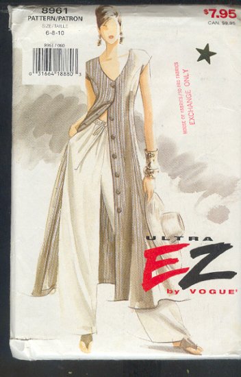 Vogue Sewing Pattern 8961 Dress / Duster and Wide leg Pant, Size 6 8 10