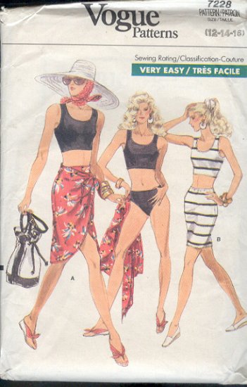 Vogue Sewing Pattern 7228 Swim Suit, Skirt and Wrap Skirt, SIze 12 14 16