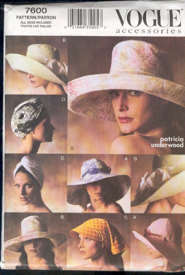 Vogue Sewing Pattern 7600 Five Hats, 9 Styles, by Patricia Underwood, Siz 21 - 23