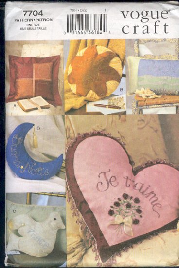 V ogue Sewing Pattern, 7044 Pillows, Dove, Moon, Heart, San Dollar, One Size