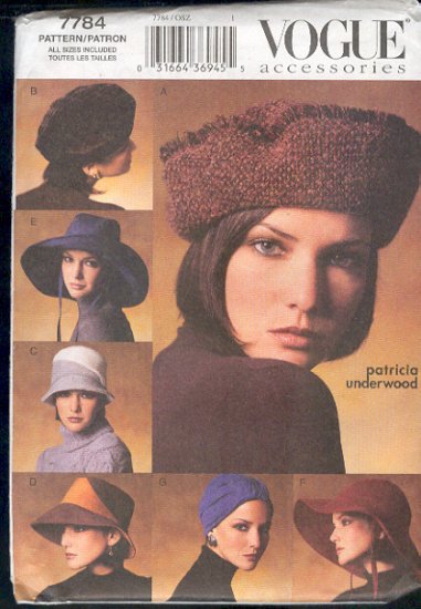 Vogue Sewing Pattern 7784 Seven Hats by Patricia Underwood, Size 21 - 23 " head