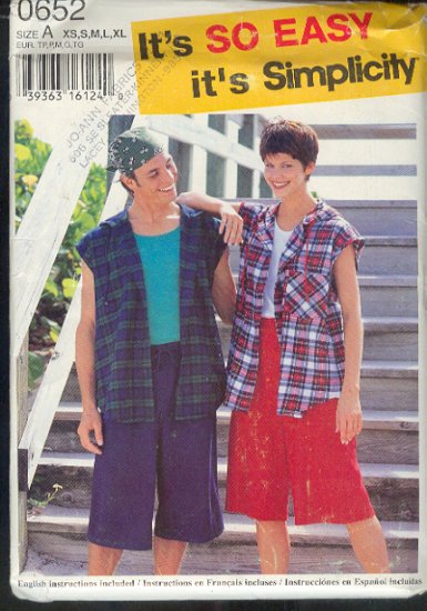 Simplicity Sewing Pattern 0652 Hooded best shirt, shorts , unisex, Sizes 30-48" chest