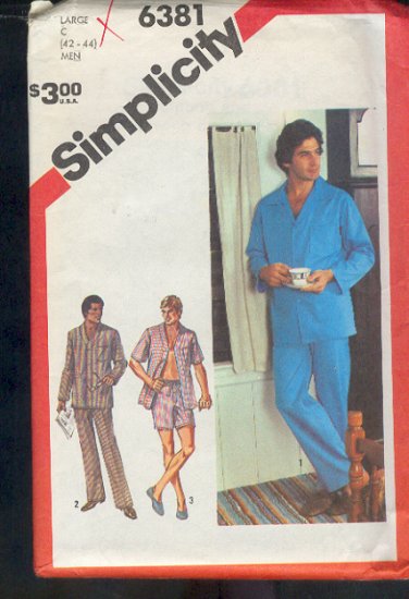 Simplicity Sewing Pattern, 6381 Men's Pajamas, short and long, Size 42 - 44 " chest
