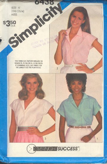Simiplicity Sewing Pattern 6438 Three Summer blouses, Size 10 12 14