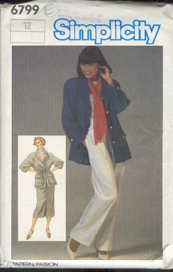 Simplicity Sewing Pattern 6799 Unlined Jacket, pants and skirt, Sizes 12