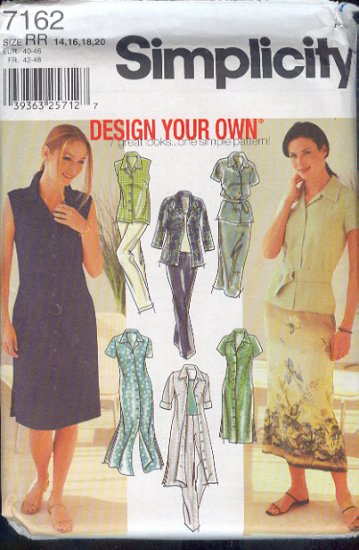 Simplicity Sewing Pattern 7162 Dress, Duster, Top, Skirt, and Pants, Size 14 - 20