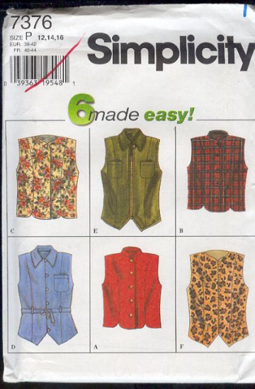 Simplicity Sewing Pattern 7376 Vest, six variations, Sizes 12 - 16