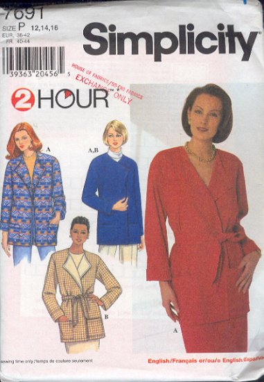 Simplicity Sewing Pattern 7691 Jacket, four versions, Size 12 14 16