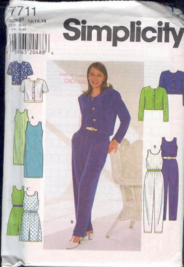 Simplicity Sewing Pattern 7711 Jumpsuit, Dress and Jackets with variations, Size 12 - 16