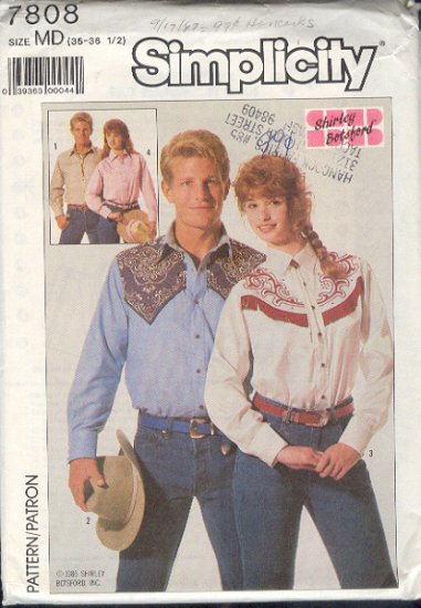 Simplicity Sewing Pattern 7808 Cowboy shirts for men and women, Siz 36 - 38 chest
