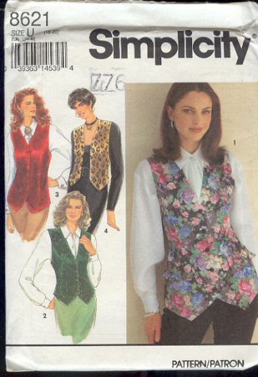 Simplicity Sewing Pattern 8621 Vests, four variations, Sizes 16-20