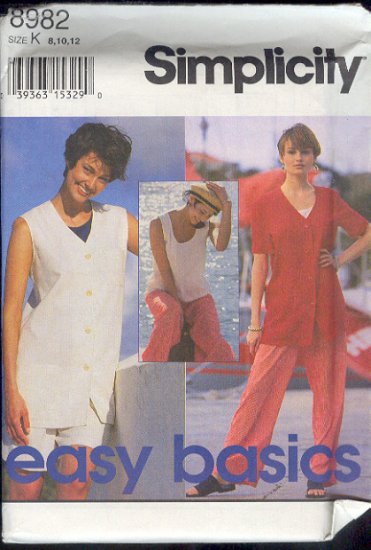 Simplicity Sewing Pattern, 8982 Vest, Jacket, top, shorts and pants, Size 8 10 12