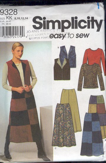 Simplicity Sewing Pattern 9328 Color Blocked skirt, top and wesket vest, Size 8 - 14