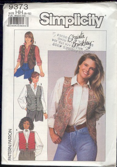 Simplicity Sewing Pattern 9373 Christie Brinkley, Four Vests, Sizes 8 - 12