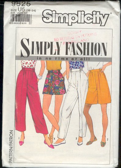 Simplicity Sewing Pattern 9625 Pants and Shorts, Sizes 16 - 24