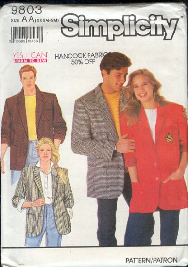 Simplicity Sewing Pattern 9803 Classic Jacket for Men and Women, Size 28 -36" chest