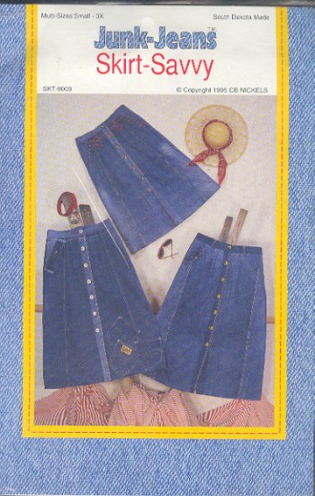 Sewing Pattern Jump-Jeans Skirt Savvy, takes 2 - 3 pair of old jeans or fabric, Sizes 8 - 3X