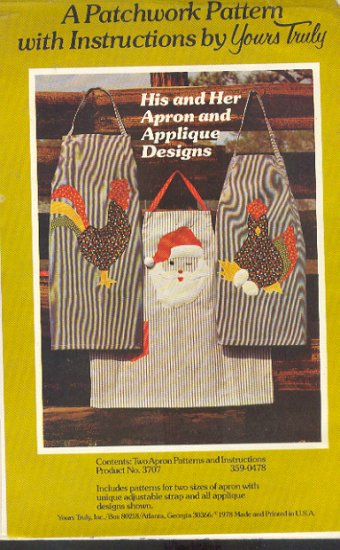 Sewing Pattern Yours Truly, His and her apron with applique designs chickens and Santa, One size