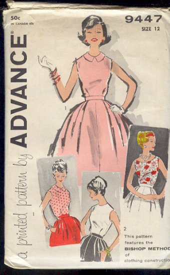 Vintage Sewing Pattern, Advance 9447 Blouse and full skirt, Size 12