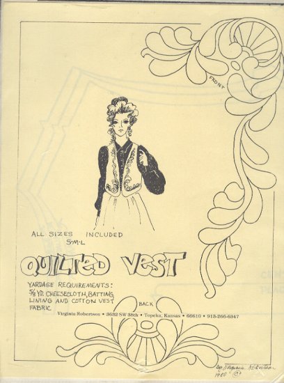 Sewing Pattern, by Virginia Robertson, Quilted Vest, Sizes S M L