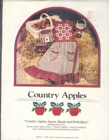 Sewing Pattern, Country Apples, Apron, Basket Liner, Potholders, stencil/applique designs, one size