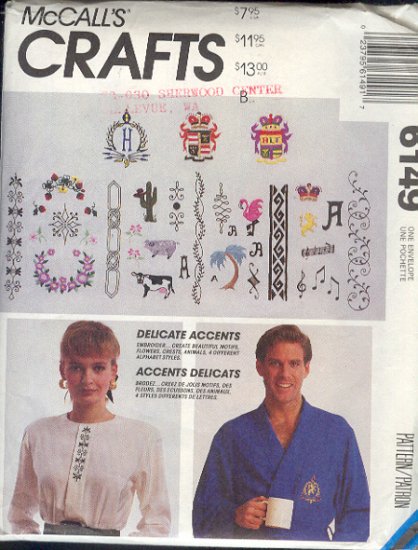 McCall's Sewing Pattern 6149, Embroidery and Monagram designs, One size