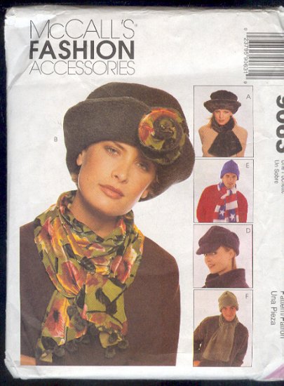 McCall's Sewing Pattern 9063, Fives hats and scarves, One cut, others unused, Sizes 21 - 23"
