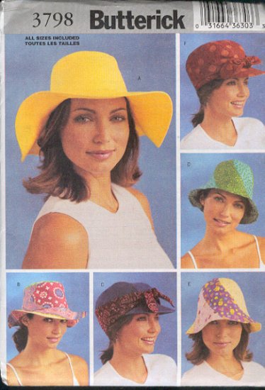 Butterick Sewing Pattern 3798, Six Hats, All sizes included