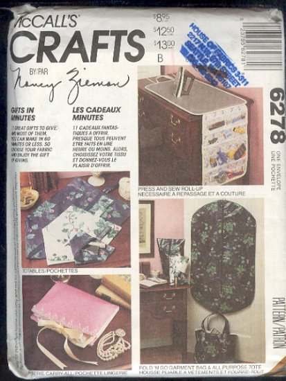 McCall's Sewing Pattern 6278, Garment, pouchettes, sewing roll up, tote, one size