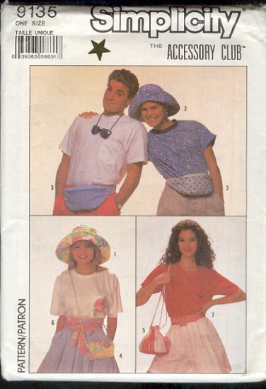 Simplicity Sewing Pattern 9135, Three Bags, two hats and two belts, All sizes included