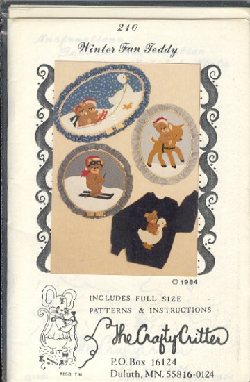 Sewing Pattern, Crafty Critter 210, Teddybear, Skier and Goose hoops, 12 - 20 inches