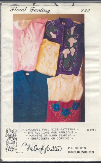 Sewing Pattern, Crafty Critter 232 , Inlcudes Patterns and appliqlues, all sizes