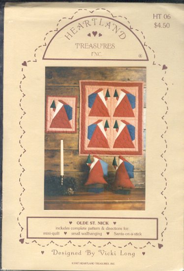 Sewing Pattern, Heartland Treasurers Inc Old St.Nick, mini quilt, wall hanging santa on a stick.