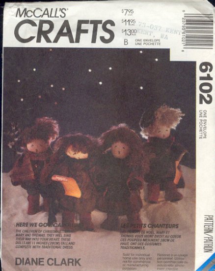 McCall Sewing Pattern 6102 Carolers, ll inches tall, traditional clothes.