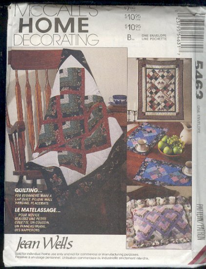 McCall's Sewing Pattern 5463, Lap Quilt, Wall Quilt, Pillow sham and placements, One Size