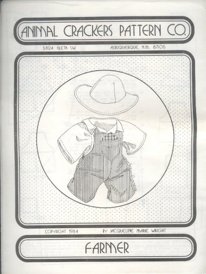 Sewing Pattern, Animal Crackers, Farmer outfit for either a 16" doll or bear,