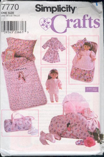 Simplicity Sewing Pattern 7777, Chld's Sleepover Accessories and matching for 18" doll