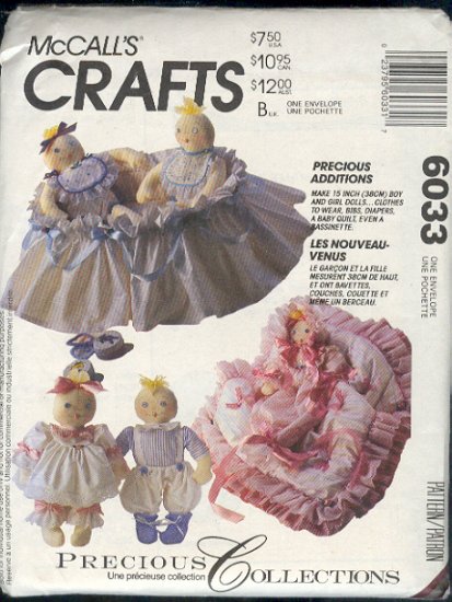 Sewing Pattern, McCall's 6033, 15" Dolls, clothes, bibs, diapers, quilt, bassinette