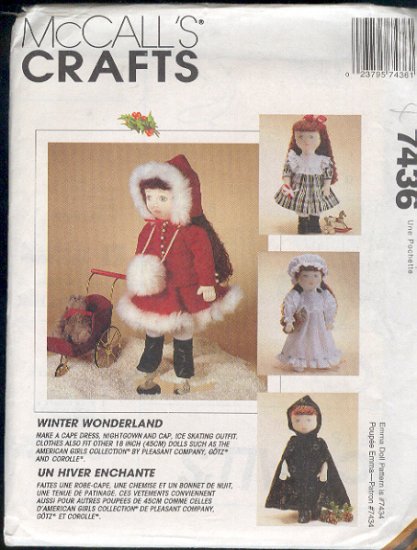 McCall's Sewing Pattern 7436, 18" Doll Outfits for winter, as pictured, also for American Girl