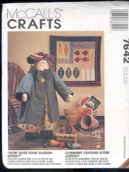 McCall's Sewing Pattern 7642, Garden Girl 18" doll, with clothes mini quilt 14 X 14 and veggies