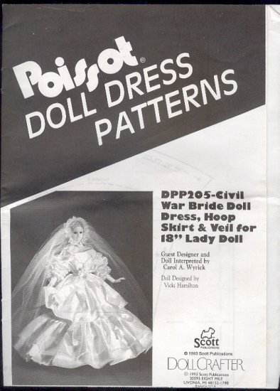Sewing Pattern, Pissot Civil War Bride Doll Dress, hoop, veil for 18" doll