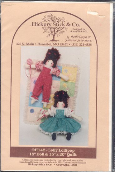 Sewing Pattern Hickory tick o., Lolly Lollipop, 18" dolll and 15" X 20" quilt