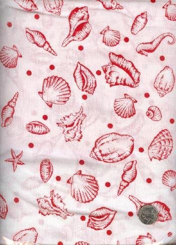 Sewing Fabric Cotton Seashells Red/white 2.5 yds X 44" No. 114