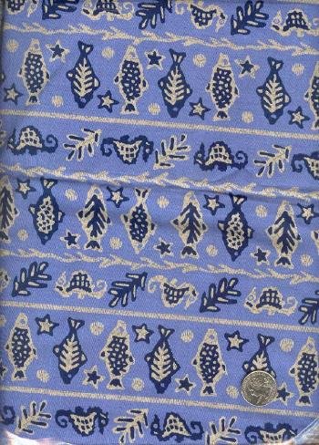 Sewing Fabric Cotton Folk Design Sage Navy 1 yd X 44" No. 130