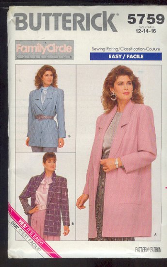 Sewing Pattern Butterick 5759 Handsome Jacket, Size 12-14-16