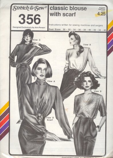 Stretch & Sew Sewing Pattern 356, Classsic Blouse with Scarf, Size 30 - 46" chest